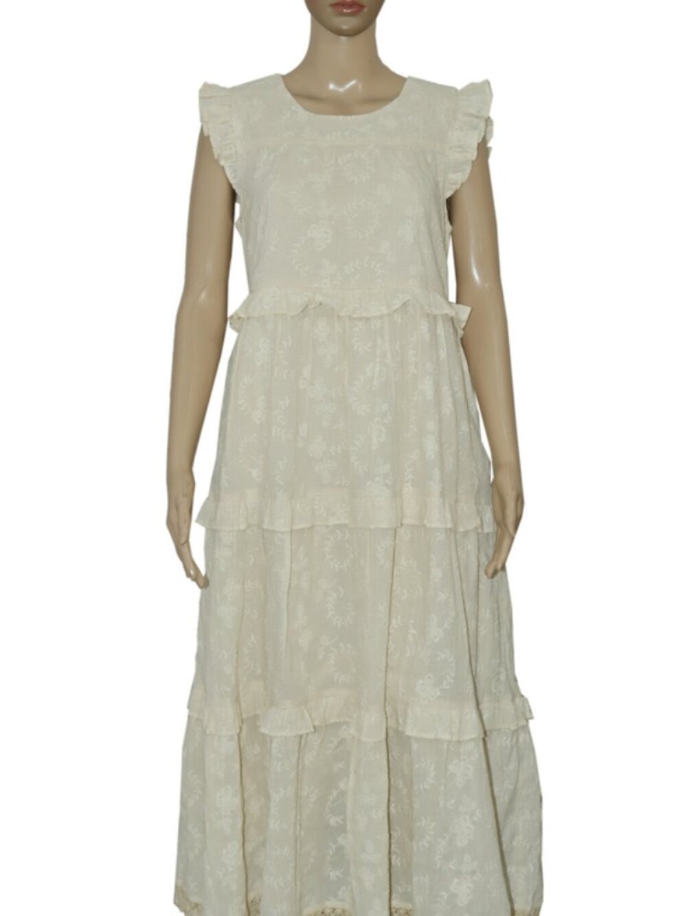 Anthropologie Floral Embroidered Cap Sleeve Ruffle Tiered Ivory Midi Dress S